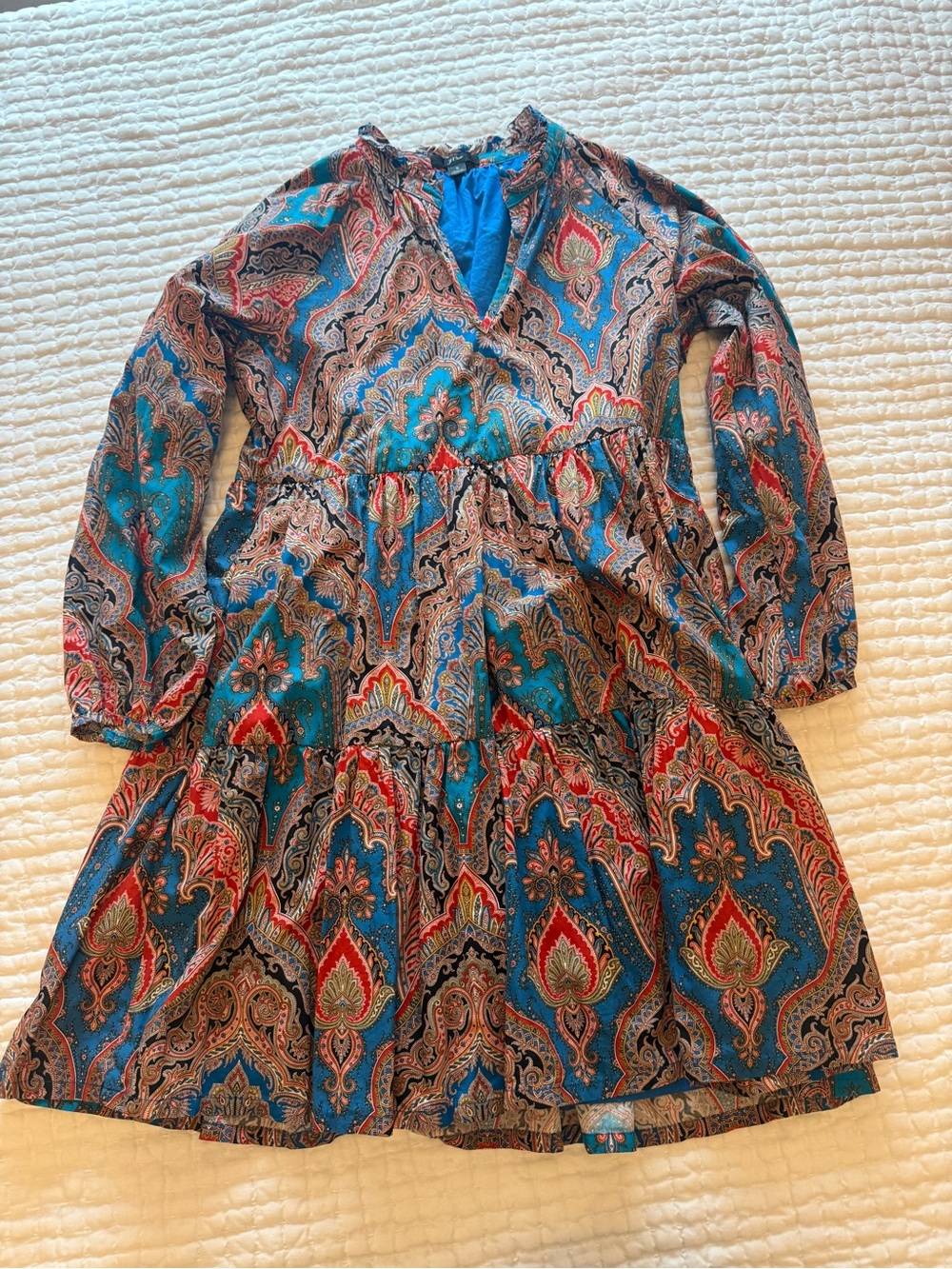 J. Crew Teal Paisley Long-Sleeve Tiered Dress